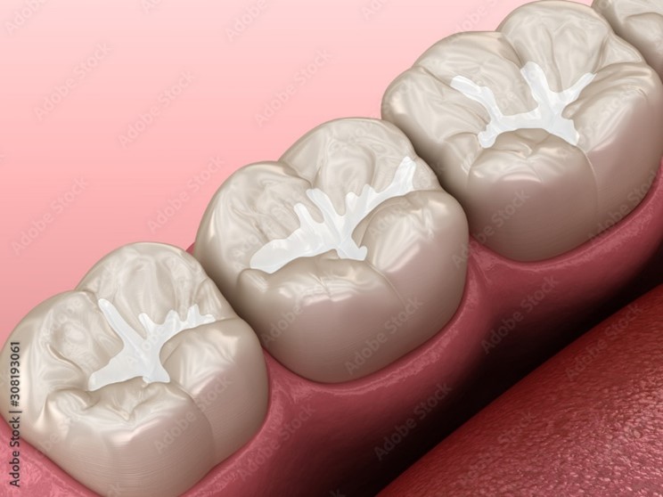 Image of dental sealants on adult teeth.