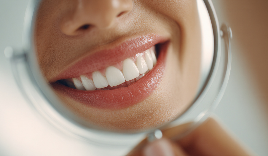 Woman admiring her smile in mirror